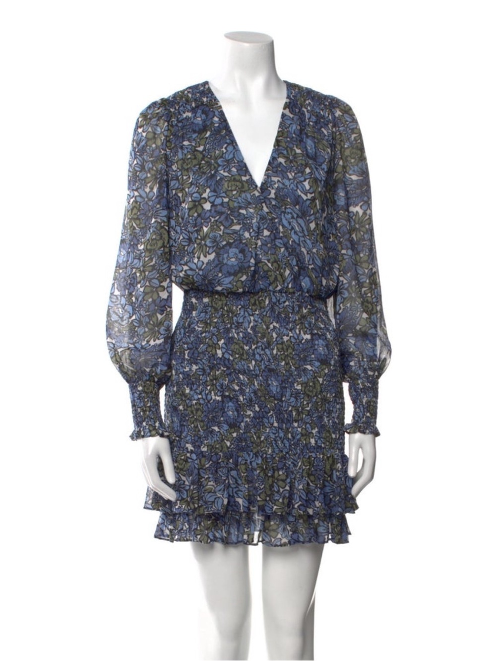 Veronica Beard Blue Floral V-Neck Long-Sleeve Mini Dress with Ruffle Hem size 00